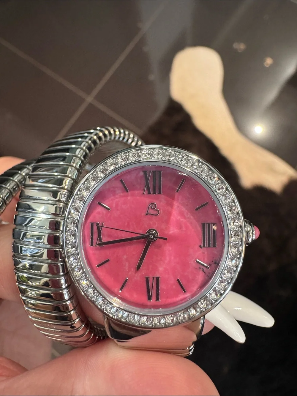 Colleen Lopez Round Pink Rhodonite Dial Coil Wrap Bracelet Watch